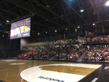 Fans gather to watch Game 6 of the NBA Finals between the Toronto Raptors and the Golden State Warriors on the big screen at the Edmonton Stingers watch party in The Hive at the Edmonton Expo Centre on Thursday, June 13, 2019.