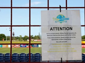 A sign announces that Phillies Florida Operations and Spectrum Field, spring training home of the Philadelphia Phillies, have been shut down on May 20, 2020 in Clearwater, Florida.