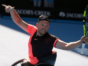 Dylan Alcott of Australia celebrates winning against David Wagner of the U.S. at the Australian Open wheelchair singles final at Rod Laver Arena, Melbourne, Australia, Jan. 27, 2018.