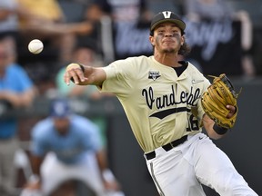 Vanderbilt third baseman Austin Martin makes a throw to first base for the out against Indiana State in an NCAA tournament regional game last June. Martin was the Blue Jays’ top pick in last night’s MLB draft, going fifth overall.