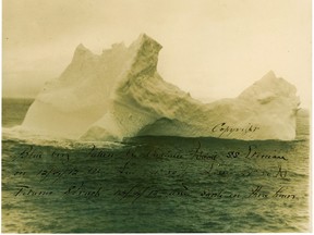 This photo courtesy of RR Auction shows a rare original 9.75 x 8 photo of a uniquely-shaped iceburg photographed by the captain of the Leyland Line steamer S. S. Etonian two days before Titanic collided with it.