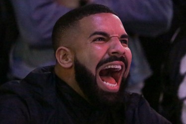 Recording artist Drake reacts in the Jurassic Park fan zone during Game 6 of the NBA Finals between the Toronto Raptors and the Golden State Warriors, televised live from Oakland, in Toronto, Ontario, Canada, June 13, 2019.