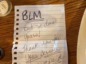 Sumner County Patrol Deputy Jody McDowell received this note from two black women while dining at a Cracker Barrel in Nashville.