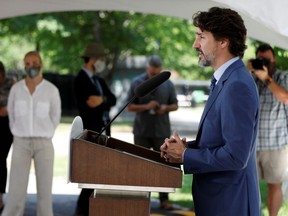 Prime Minister Justin Trudeau speaks at a news conference at Rideau Cottage, as efforts continue to help slow the spread of coronavirus disease (COVID-19), in Ottawa, Ontario, Canada June 22, 2020.