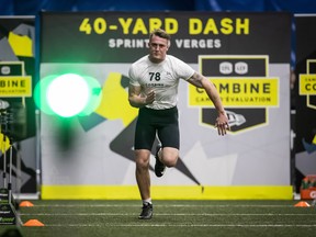 Defensive lineman Johannes Zirngibl of Germany takes part in the CFL combine last year. The CFL’s planned global combine, which has already been postponed, could soon fall victim to cost-cutting measures made necessary in the wake of COVID-19’s financial devastation.
