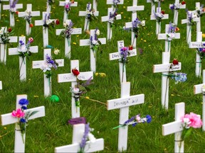 A memorial of crosses was made outside of the Camilla Care Community which has been affected by the coronavirus in Mississauga May 19, 2020.