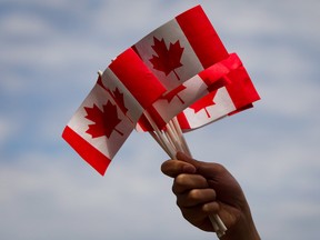 A volunteer waves Canadian flags while handing them out to people during Canada Day festivities.