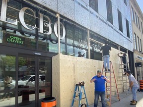 An LCBO location on Queen St. W. near Bathurst St. in Toronto is boarded up Thursday, June 4, 2020 ahead of weekend protests.