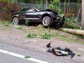 OPP say the driver of this newly purchased vehicle fled the scene after a crash in Caledon on June 5, 2020
