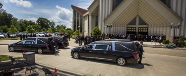 The four hearses with the coffins of mother and children Karolina, Klara, Lilianna and Mila Ciasullo outside of St. Eugene de Mazenod Catholic Church after their funeral in Brampton, Ont. on Thursday June 25, 2020.  The family members were killed in a tragic collision in Brampton on June 18. Ernest Doroszuk/Toronto Sun/Postmedia