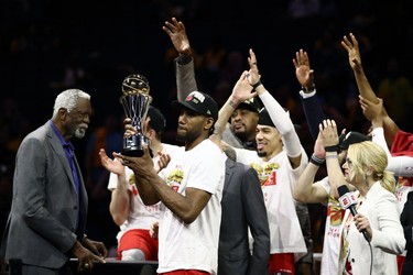 OAKLAND, CALIFORNIA - JUNE 13:  Kawhi Leonard #2 of the Toronto Raptors is awarded the MVP after his team defeated the Golden State Warriors to win Game Six of the 2019 NBA Finals at ORACLE Arena on June 13, 2019 in Oakland, California.
