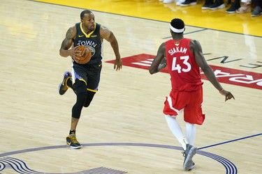 OAKLAND, CALIFORNIA - JUNE 13:  Andre Iguodala #9 of the Golden State Warriors is defended by Pascal Siakam #43 of the Toronto Raptors in the second half during Game Six of the 2019 NBA Finals at ORACLE Arena on June 13, 2019 in Oakland, California.