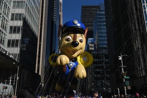 The Chase balloon from Paw Patrol floats on 6th Ave. during the annual Macy's Thanksgiving Day parade on November 23, 2017 in New York City.