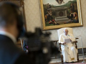 Pope Francis holds the weekly general audience at the Library of the Apostolic Palace at the Vatican, June 10, 2020.