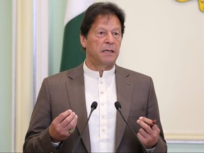 Pakistan Prime Minister Imran Khan speaks during a joint news conference in Putrajaya, Malaysia, February 4, 2020.