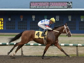 Infinite Patience, with  jockey Antonio Reyes aboard, win the CTHS Sales Stakes on Aug. 30, 2019 at Hastings Racecourse in Vancouver.