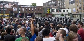 Toronto Police kettle G20 protesters at Queen St. W. and Spadina Ave. on June 27, 2010.