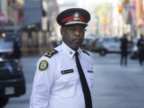 Toronto Police Chief Mark Saunders at the scene of a homicide on Tuesday, May 26, 2020. Saunders says he wants anti-black racism protests planned for Toronto this weekend to be peaceful.