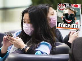 People wear masks as a precaution due to the COVID-19 outbreak as they wait for the arrivals at the International terminal at Toronto Pearson International Airport in Toronto on Saturday, January 25, 2020. Inset, the Toronto Sun's online 'cover'.