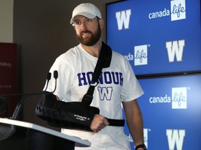 Quarterback Matt Nichols speaks with media on Oct. 1, 2019, about surgery on his throwing shoulder.