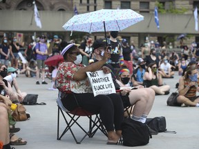 Around 2,000 people showed up to a rally held at Nathan Phillips Square, put together by a group called No Pride in Policing Coalition, asking to abolish, defund, disarm police forces in Toronto and across Canada on Sunday June 28, 2020.