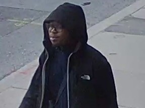 An image released of a suspect wanted in the fatal shooting of Mamadou Drame, 25, of Toronto, on March 21, 2020, at O'Keefe Lane and Gould Street.