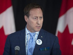 Peter MacKay addresses the crowd during a federal Conservative leadership forum in Halifax on Saturday, Feb. 8, 2020. Even though MacKay threw the party wide open to all persuasions during last week's French-language debate, it is literally 50/50 in caucus support, writes columnist Mark Bonokoski.