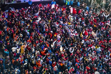 A overheard image of fans watch the Toronto Raptors take on the Golden State Warriors during Game 6 NBA Finals action screened at Jurassic Park outside of the Scotiabank Arena in Toronto, Ont. on Thursday June 13, 2019.