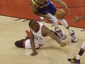Kevin Durant hits the deck during Game 5 of the NBA Finals while chasing the ball with Serge Ibaka.