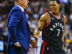 Raptors head coach Nick Nurse (left) says Kyle Lowry and the Raptors are looking good in training in Florida.