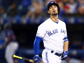 Toronto Blue Jays Randal Grichuk looks on after striking out to end the first inning during a MLB game against the Minnesota Twins at Rogers Centre on May 8, 2019 in Toronto.