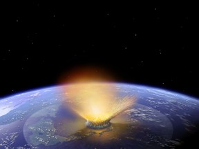 Computer generated simulation shows an asteroid striking thre Earth in Mexico's Yucatan peninsula aropund 150 million years ago.The extinction of the dinosaurs 65 million years ago can be traced to a collision between two monster rocks in the asteroid belt nearly 100 million years earlier.