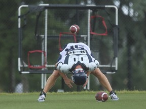 Toronto Argonauts long snapper Jake Reinhart practises during his rookie season of 2014. As of June 2020, he's now the longest tenured current Argo.