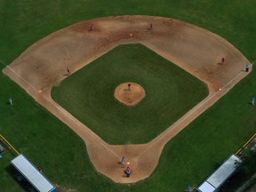 Aerial view of a baseball diamond.