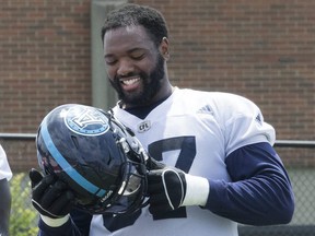 Toronto Argonauts offensive lineman  Jamal Campbell takes part in a team workout on June 13, 2018.