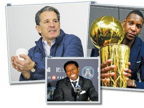 Three deep-thinking men in charge of Toronto sports teams: (Clockwise from right): Raptors' Masai Ujiri, Argos' Pinball Clemons and Leafs' Brendan Shanahan.