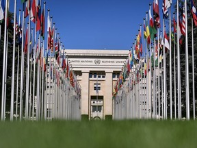 In this file photo taken on September 4, 2018 the Palais des Nations, which houses the United Nations offices, is seen at the end of the flag-lined front lawn in Geneva.