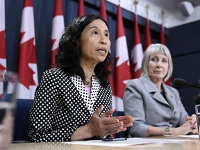 Chief Public Health Officer of Canada Dr. Theresa Tam speaks as Minister of Health Patty Hajdu listens, during an update on coronavirus disease (COVID-19) at the National Press Theatre in Ottawa, on Wednesday, March 4, 2020.