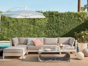 Choosing neutral coloured pool and patio furnishings inspired by natural surroundings creates a sophisticated resort look to your backyard. Piedra Outdoor Furniture Collection, CB2.ca. SUPPLIED
