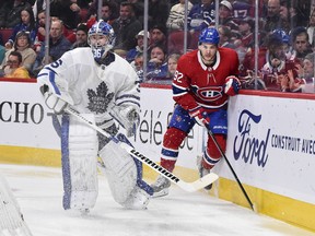 Goaltender Jack Campbell  of the Toronto Maple Leafs and Jonathan Drouin #92 of the Montreal Canadiens skate against each other during the second period at the Bell Centre on February 8, 2020 in Montreal, Canada.