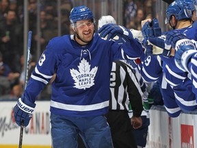 Frederik Gauthier of the Toronto Maple Leafs celebrates a goal against the Vancouver Canucks during an NHL game at Scotiabank Arena on February 29, 2020 in Toronto, Ontario, Canada.