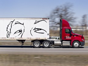 A truck is pictured on Hwy. 403, near Brantford, on April 20, 2020.