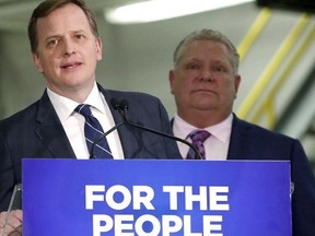 Environment Minister Jeff Yurek is pictured with Premier Doug Ford (behind).