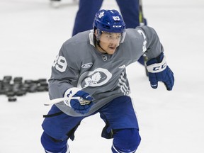 Nicholas Robertson takes part in drills during the third day of Maple Leafs training camp on Wednesday.