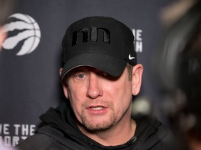 Toronto Raptors head coach Nick Nurse talks with the media earlier this season.