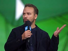 Alexandre Trudeau presents at the We Day celebration at the Canadian Tire Centre in Ottawa on Nov. 15, 2017.
