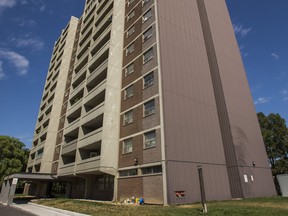 Following the death a two-year-old boy, who fell from his 14th floor unit Tuesday afternoon, a makeshift memorial has been set up at the highrise building on Driftwood Ave. in Toronto, Ont. on Wednesday July 29, 2020.