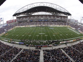 Investors Group Field in Winnipeg is shown during opening kickoff for an CFL game between the Winnipeg Blue Bombers and Montreal Alouettes in Winnipeg on June 27, 2013.