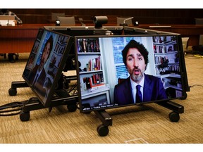 Canada's Prime Minister Justin Trudeau attends a House of Commons finance committee meeting via a video chat, in Ottawa, Ontario, Canada July 30, 2020. Picture taken July 30, 2020. REUTERS/Blair Gable ORG XMIT: GGG-OTW100