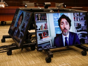 Canada's Prime Minister Justin Trudeau attends a House of Commons finance committee meeting via a video chat, in Ottawa, Ontario, Canada July 30, 2020. Picture taken July 30, 2020.